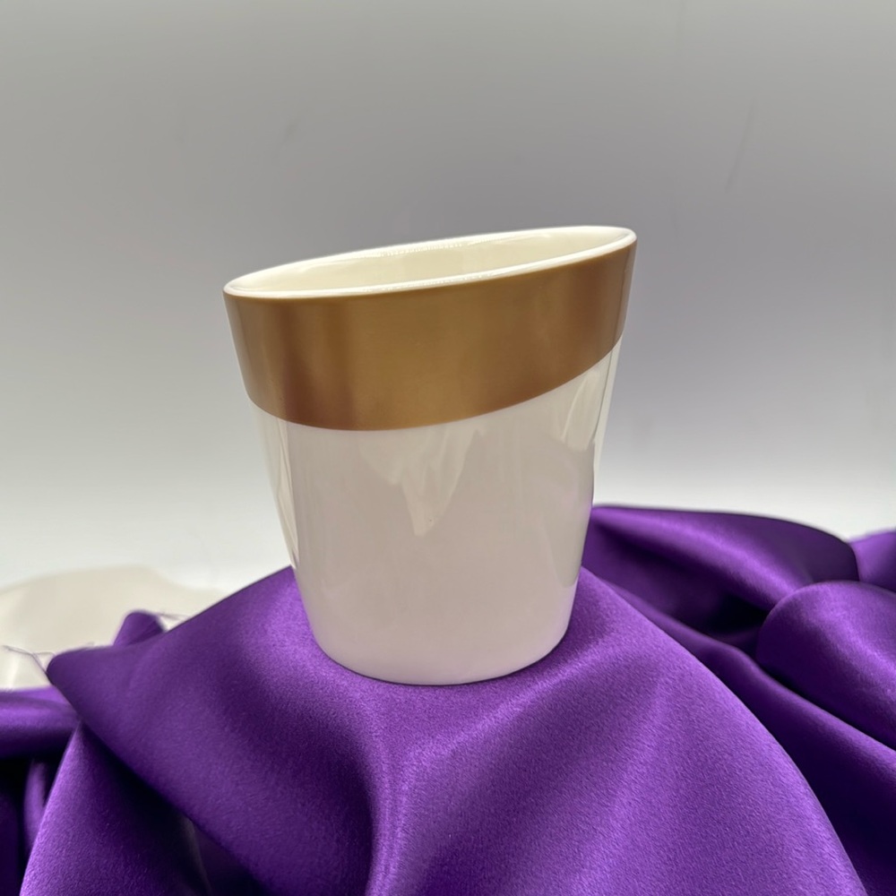 Starbucks 2012 Tea Coffee Cup Mug White w/ Gold New Bone China 8 oz Slanted Rim